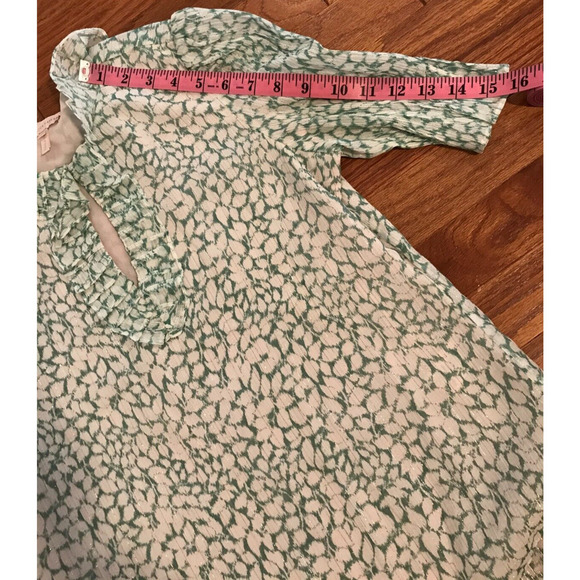 Rebecca Taylor Ikat Lurex Metallic Green/White Leaf Ruffle Blouse - Size 2 - Picture 10 of 12